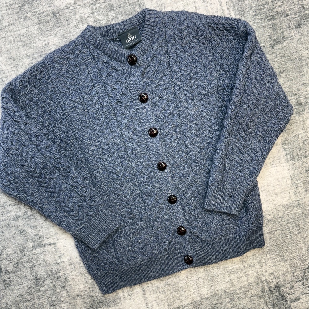 Aran Woollen Mills Sweater Womens XS Blue Cardigan Cable Knit Fisherman Merino - Picture 2 of 9